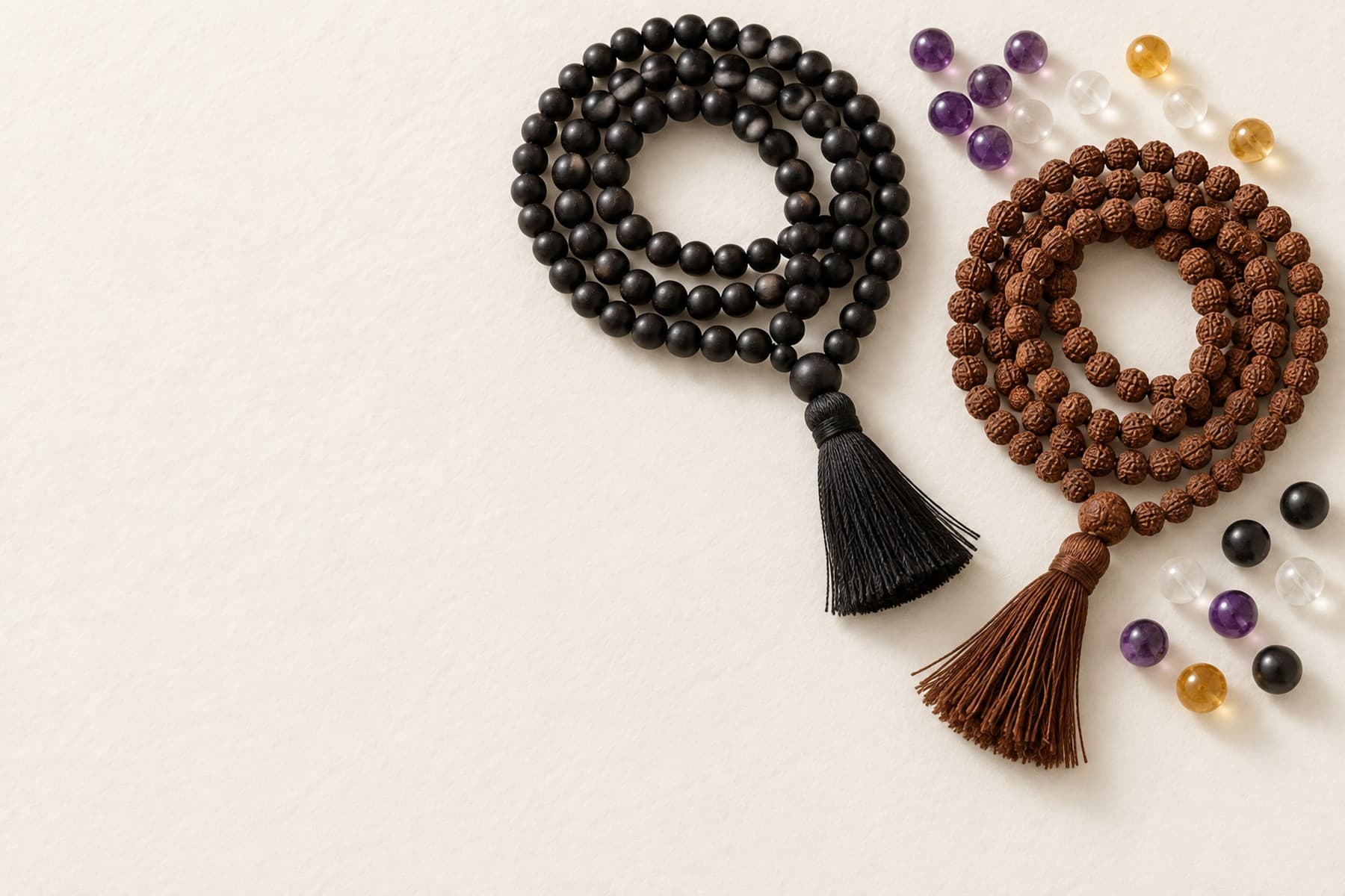 Two bead malas and loose gemstone beads on bone paper